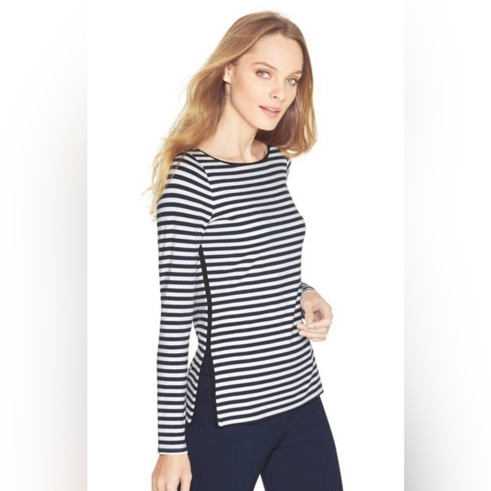 White House Black Market Navy Blue & White Striped‎ Long Sleeve Boatneck Top XS